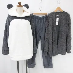 ジーユー GU ルームウェア セットアップ パーカー パンツ カーディガン 2枚セット 長袖 フード パンダ ロング 前あき 白 グレー ホワイト XL