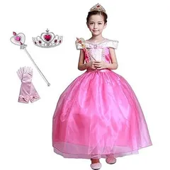 [MANAMANA] オーロラ姫 子供 ドレス プリンセスドレス ティアラ スティック グローブ 4点セット キッズコスチューム ピンク 女の子 130 130cm