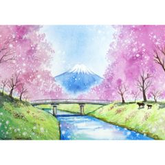 原画）富士山と忍野八海の桜が見える風景【SMサイズ／水彩画／#2956