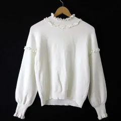 ニット セーター ハイネック フリル パール装飾 ドロップショルダー ボリューム袖 長袖 M-L オフ白 アイボリー