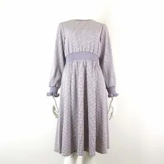 マジェスティックレゴン MAJESTIC LEGON 千鳥柄 ウエストマーク フレア ワンピース フリル ストレッチ 長袖 S ラベンダー 白 ホワイト