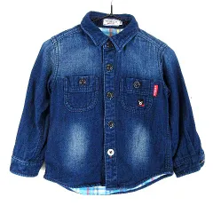 ミキハウス ダブルビー ダブルB MIKIHOUSE DOUBLE.B デニムシャツ くま ロゴ 刺繍 マリン 装飾ボタン 裏チェック ウォッシュ加工 コットン 長袖 90 インディゴブルー 男の子 KIDS