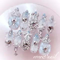 現品 ネイルチップ 量産型 ワンホン フレンチガーリー ゴテゴテ 水色 チャームネイル