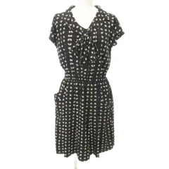 ロイスクレヨン Lois CRAYON ワンピース 半袖 ひざ丈 総柄 フレンチスリーブ 薄手 Mサイズ 黒 ブラック ■YHS9