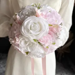 白バラ×ピンクラウンドブーケ☆ブートニア