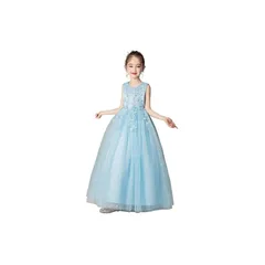 [Ｋａｙｉｙａｓｕ] 子供ドレス ピアノ 発表会 女の子 フォーマル ロングドレス 結婚式 卒業式 パーティー 刺繍 入園式 120-170 3－13歳に適合(150 ブルー)