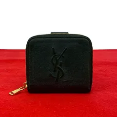 極 美品 YVES SAINT LAURENT イヴ・サンローラン YSL ロゴ ステッチ レザー ジップ 二つ折り 財布 ミニ ウォレット ブラック 黒 41655