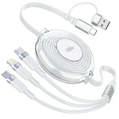 充電ケーブル 巻き取り3in2 USB Type C ケーブル【PD100ｗとPD27ｗとusb10ｗ3台同時充電】100W/5A3in2/1マルチ充電コード 超急速充電LED表示高速データ転送 120CMR12324