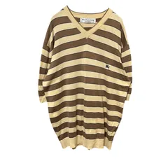 【vintage】Y2K Burberrys ボーダーVネックニットTシャツ ロゴ刺繍 ベージュ レディース メンズ ユニセックス
