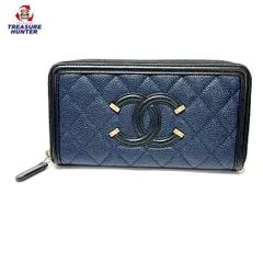 【中古】シャネル キャビアスキン ＣＣ フィリグリー マトラッセ ラウンドファスナー 長財布 A84449 ブラック ブルー 黒 ノワール レディース ウォレット CHANEL 【102049570003】