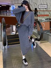 ニットマキシスカートセット(Tシャツ スカート 麻 街着 デートコーデ 冬コーデ)