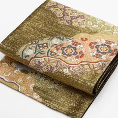 【美品】袋帯 唐花文 有職文様 割付文様 扇面 道長取り ゴールド 西陣織 正絹 礼装用