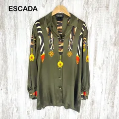 ESCADA エスカーダ ヴィンテージ 勲章モチーフ オープンカラー シルク100% 長袖 ブラウス シャツ オリーブグリーン レディース トップスのサムネイル