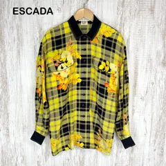 ESCADA エスカーダ チェック 花柄 総柄 ダブルポケット ボタンアップ シルク100% 長袖 ブラウス イエローのサムネイル