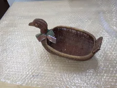 昭和レトロ エスニックラタン アヒル型 バスケット かご 籐の籠 小物入れ 管理p1228