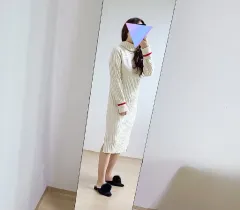 新品 タートルネック バイカラー袖 ニット サイドスリット ロング ONE PIECE