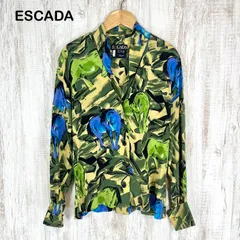 ESCADA エスカーダ ヴィンテージ ワイルドホース 総柄 オープンカラー ドロップショルダー シルク100% 長袖 ブラウス シャツ グリーン レディース トップスのサムネイル