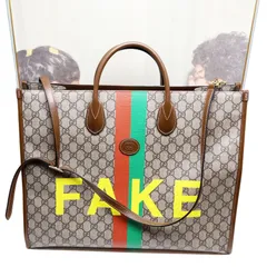 グッチ　GGスプリーム　FAKE NOT　2WAY　ラージトートバッグ　ベージュ　ブラウン　シェリーライン 　ハンドバッグ　大容量　630353