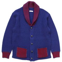 Lord James☆70s☆格子チェック くるみ釦ニットカーディガン 青 M 