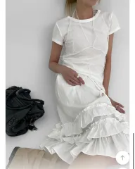 ジグザグドット シースルー レイヤード ホルターネック Tシャツ (白 & グレー)