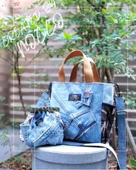 🆕バネポーチ2点set　№819【DENIM✖️ヒョウ柄巾着サイドポケット付ToteBAG⚮̈♥】お揃いポーチ付/1点もの/デニムリメイクトートバッグ/巾着バッグ/レオパード/世界に一つ