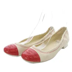 シャネル CHANEL パンプス フラット ココマーク キャンバス 38.5 アイボリー レッド /YO25 ■GY53
