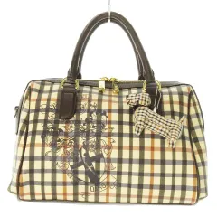 ダックス DAKS 2WAY ミニ ボストンバッグ ショルダー ハンド PVC レザー ハウスチェック 犬 ドッグ チャーム ロゴ プリント 茶 ブラウン /AO5 ■GY18