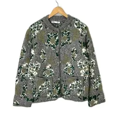 未使用品 ザラ ZARA 総柄 ニットジャケット 長袖 ノーカラージャケット カーディガン M グレー グリーン ■FY
