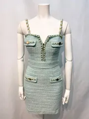 1999 an アン　キャバクラ　ドレス　ツイード　ラメ　チェーンストラップ　タイト　ゴールドジップ　ミニ　キャバドレス　S