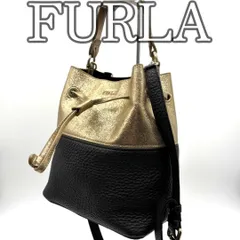フルラ FURLA レザー 2way 巾着 ショルダーバッグ バイカラー ゴールド ブラック シボ革 ドローストリング ハンドバッグ レディース