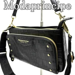 モーダプリンチペ Modaprincipe ショルダーバッグ 2way クロコ型押し ブラック ゴールド金具 ダブルファスナー レザー調 ハンドバッグ 肩掛け 斜め掛け 小さめ コンパクト 多収納 イタリア系デザイン レディース バッグ