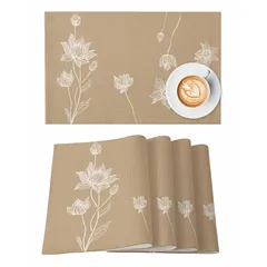 ランチョンマット 和風 花 マット 折りたたみ 耐熱 滑り止め 摩擦 耐える 食卓 洗える お手入れ簡単 家庭用 レストラン用 方型 蓮 シンプル ベージュバック 33×48cm 4セット 1