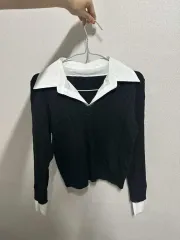 ブラック ケーブル編み Vネック カラー ニット