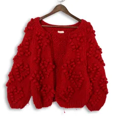 MORE self LOVE 秋冬 ポンポン★ ニット カーディガン 羽織り Sz.FREE　レディース 赤