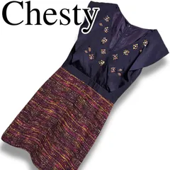 Chesty チェスティ 半袖ワンピース サイズ1 M相当 ネイビー×マルチカラー ツイード風 ドッキング レディース 上品 きれいめ フェミニン 人気 定番 春夏 デート オフィス 中国製 001312H