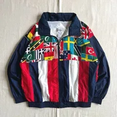 90s　vintage　ヴィンテージ　US古着　マルチカラー　国旗総柄　太ストライプ　配色切り替え　ナイロンジャケット　フルジップアップ　襟付きブルゾン　紺　M　Y2K　サブカル　multi flag pattern zip up nylon jacket