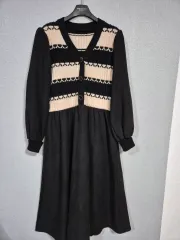 ニット バイカラー パフスリーブ シャーリングワンピース ブラック ONE SIZE