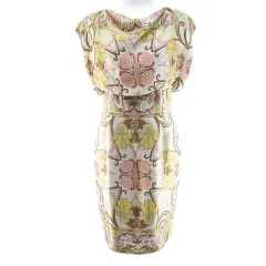 フリッカ FLICKA 半袖 ワンピース 膝丈 F ベージュ 総柄 裏地 日本製