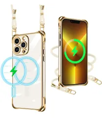 ★iPhone 14 Pro 用 ケース アイボリー Magsafe対応 マグネット搭載 ショルダー ストラップ付