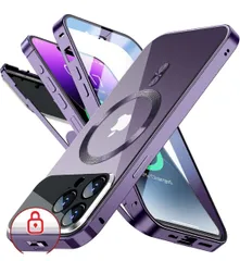 ★iPhone 14 Pro 用の ケース Mag-safe対応[360°全面保護・両面強化ガラス][本体の色・CD Mag-safeリング]マグセーフ ワイヤレス充電対応 ストラップホール付き ディープパープル