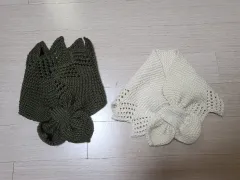 ハンドメイド コットン糸 ニットマフラー 2種 - ベージュ/カーキ (新品)