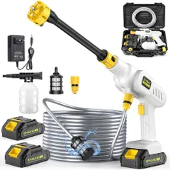高圧洗浄機 コードレス 充電式 【2024新登場】 10000mAhバッテリー2個付き 強力噴射 自吸式 洗車機 PSE認証済 最大?射圧力7MPa ?射水量6L/min 噴射距離8M 5mホース ポータブル高圧洗浄機 多機能 6in1ノズル フォームノズル付