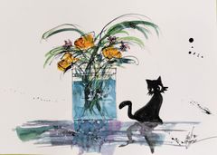 原画#139 黒猫 猫 薔薇 花 水彩画 ドローイング インテリア 絵