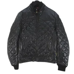 アルマーニ ジーンズ ARMANI JEANS 羊革 ラムレザー ジャケット XS/46 黒系 ブラック 中綿 キルティング ジップアップ ニット 切替 リブ 裏地のサムネイル