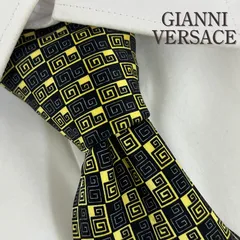 《美品》GIANNI VERSACE (ジャンニヴェルサーチ) シルクネクタイ イタリア製 総柄 グレカ ブラック イエロー