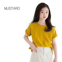 겨자 MINIROI 걸즈 프리미엄 반소매 T 셔츠 탑스 귀여운 느긋한 봄 여름 소녀 키즈 세련된 얇은 한국 어린이 옷 110cm 120cm 130cm 140cm 150cm