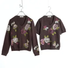 インゲボルグ★ツインニット 半袖ニット&カーディガン サイズS 茶系 花柄♪z16943
