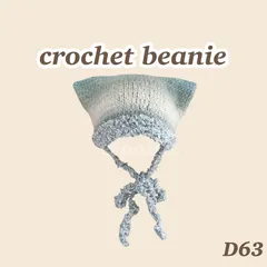 D63【ハンドメイド・完成品】猫耳ニット帽　顎紐付き　水色　アイボリー　ファー　ふわふわ　防寒　y2k 平成　ギャル　1点もの　毛糸　crochet クロシェハット　ビーニー