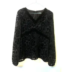 アニス トゥ アニフェ フネック ツアーベルベット フラワー シースルー vネック パフ ブラック ブラウス