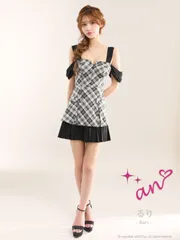 ブラック[OF05] [AOC4038-BR-2512]【an/アン】チェック柄/ 4way/ 袖取り外し可能/ フロントジップ/ オフショルダー/ キャミ/ ベア/ リボン/ ハイウエスト切替/ プリーツ/ フレア/ ミニドレス/ キャバドレス